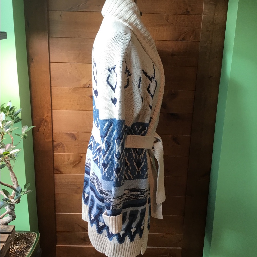 Lucky Brand Tribal Aztec Longline Open Cardigan Shawl Collar with Belt Boho - Picture 5 of 6
